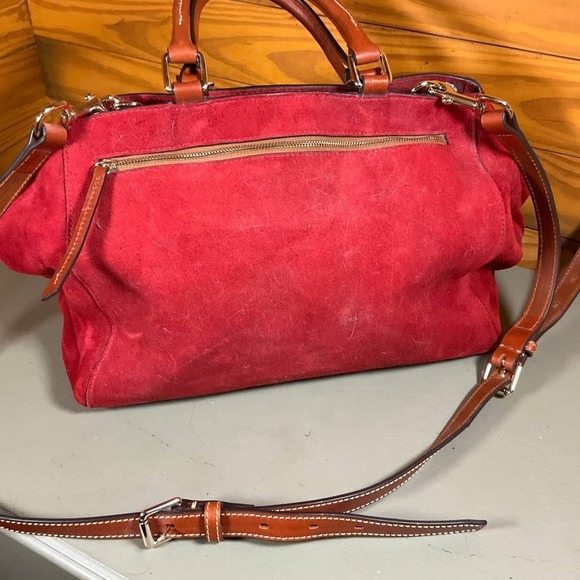 Dooney & Bourke Suede Zip Satchel Crossbody Bag Red Double Handle Pockets Footed - Picture 4 of 11
